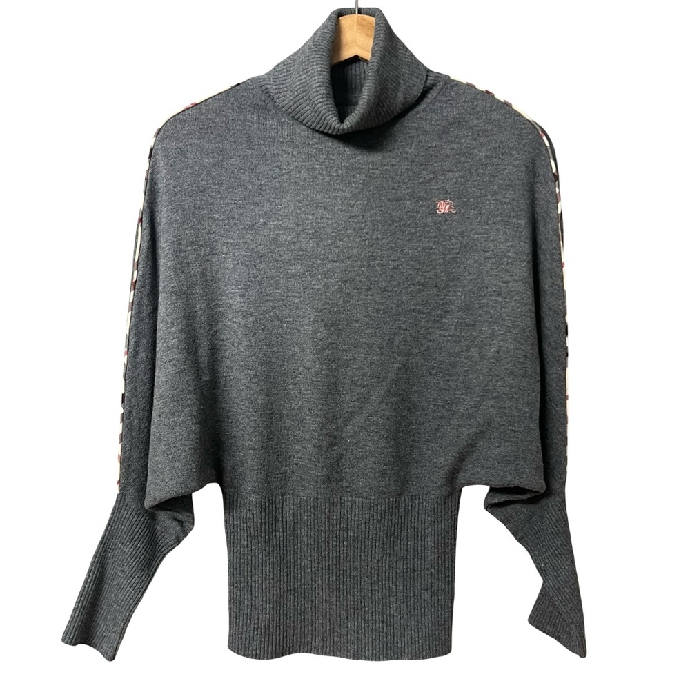 Burberry Gray Turtleneck Batwing Sweater with Pink Logo Detail